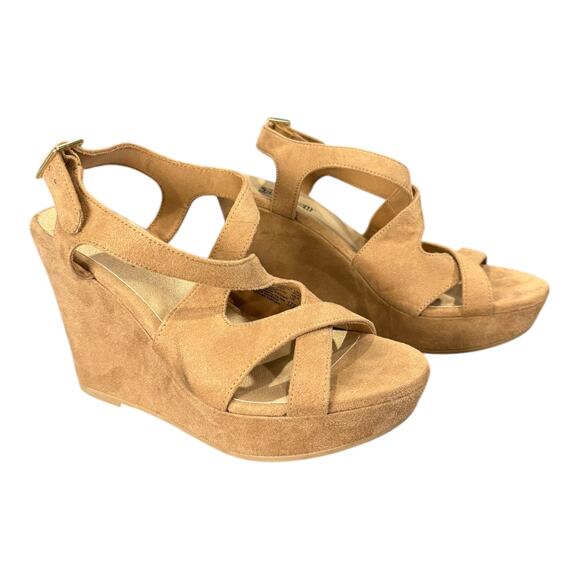 Brash Women's Size 6 Tan Faux Suede Block Heel Open‎ Toe Sandal Wedge - Picture 1 of 10